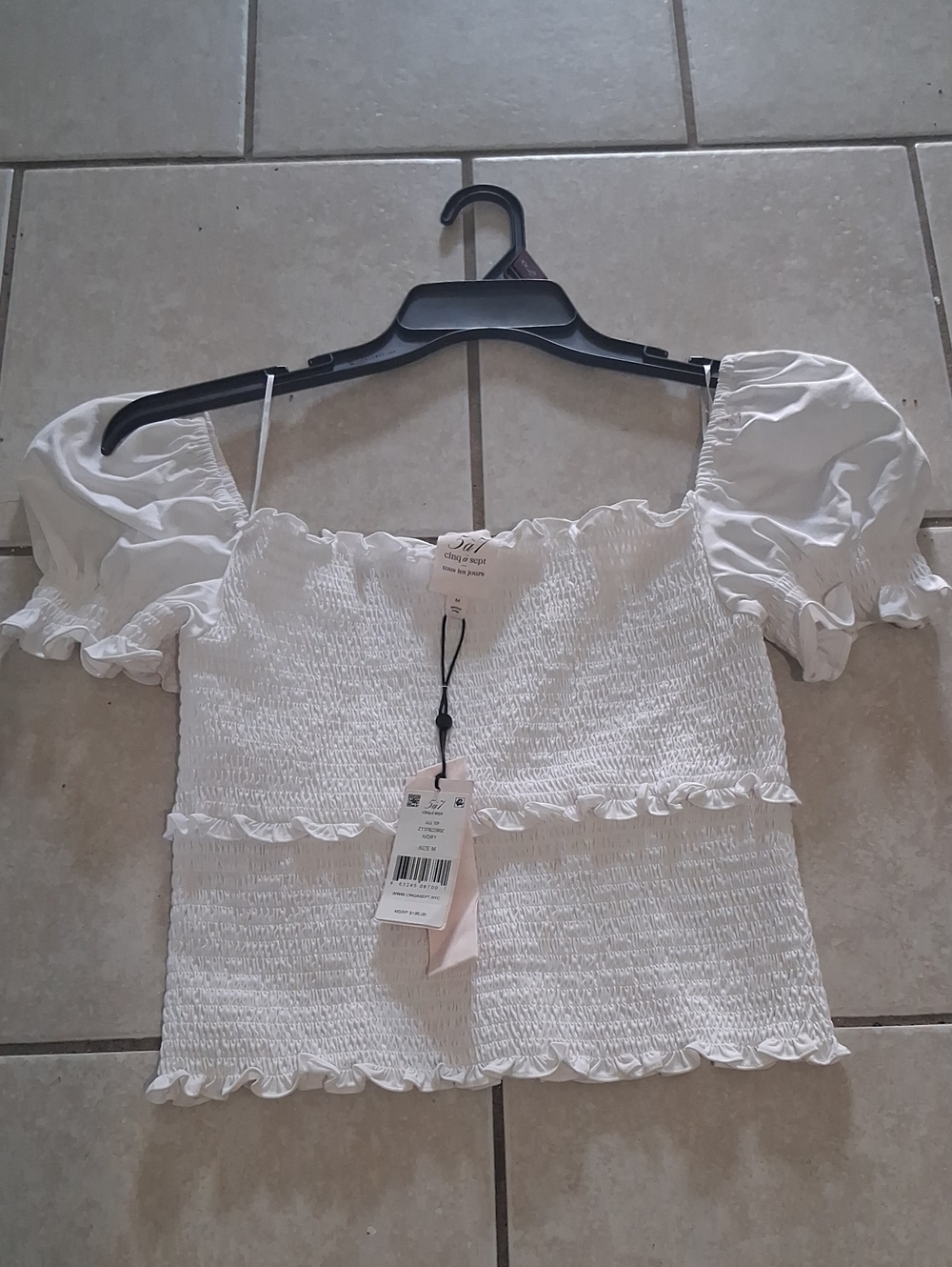 Cinq A Sept Womens Sz M White Smocked Puff-Sleeve Semi Crop Top NWT